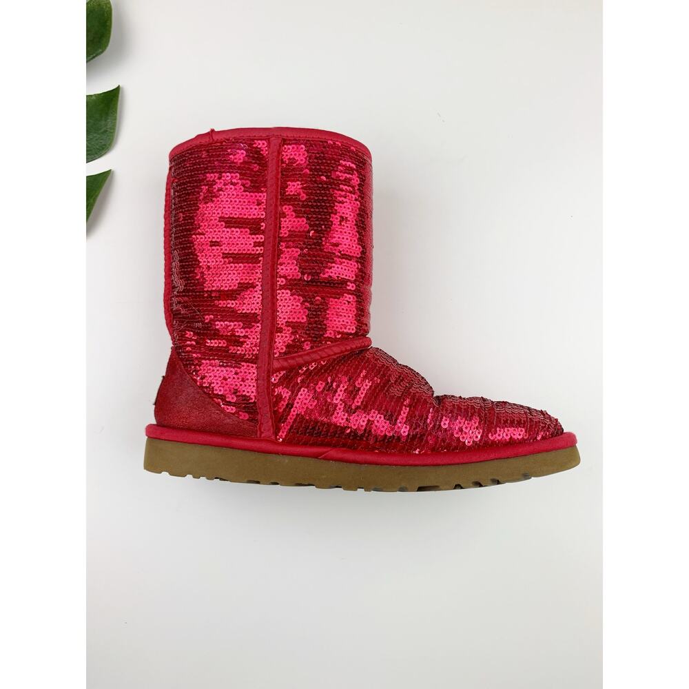 Ugg Classic Sequin Sparkle Boots Short Pink Ruby Red Plush Lining Women's 6 - Picture 7 of 12